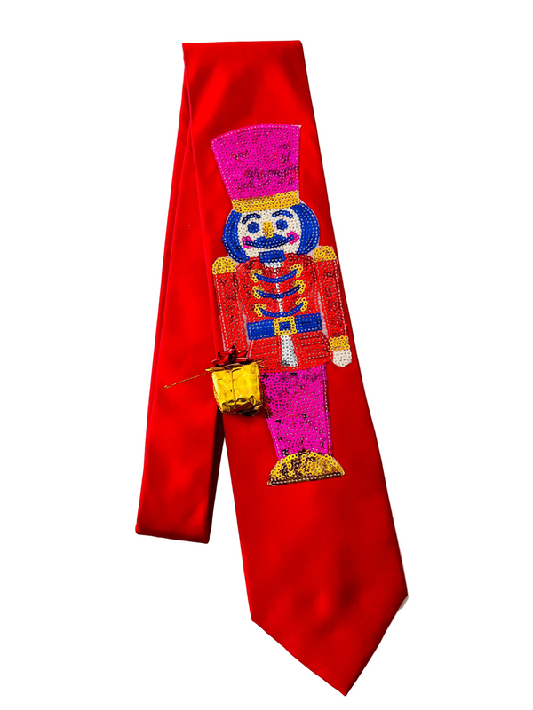 Seasonal - Holiday Red tie with large sequined nutcracker gold package.